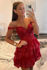 Misshow Sparkly Dark Red Corset Tiered Lace A-Line Short Homecoming Dress/Mini Dress
