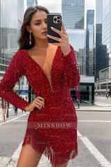 Misshow Sparkly Dark Red Sequined Long Sleeves Tight Short Homecoming Dress/Mini Dress with Fringes