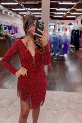 Misshow Sparkly Dark Red Sequined Long Sleeves Tight Short Homecoming Dress/Mini Dress with Fringes