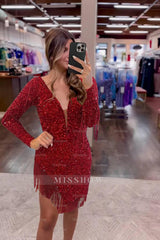 Misshow Sparkly Dark Red Sequined Long Sleeves Tight Short Homecoming Dress/Mini Dress with Fringes