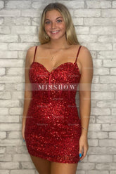 Misshow Sparkly Dark Red Sequined Spaghetti Straps Tight Short Homecoming Dress/Mini Dress