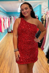 Misshow Sparkly Dark Red Sequins One Shoulder Tight Short Homecoming Dress/Mini Dress