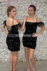Misshow Sparkly Feathered Black Sequined Bodycon Homecoming Dress/Mini Dress