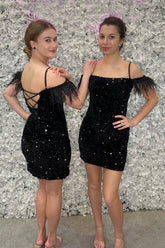 Misshow Sparkly Feathered Black Sequined Bodycon Homecoming Dress/Mini Dress