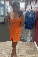 Misshow Sparkly Floral Orange Corset Tight Short Homecoming Dress/Mini Dress
