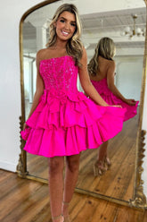 Misshow Sparkly Fluffy Fuchsia Tight Short Homecoming Dress/Mini Dress with Ruffles