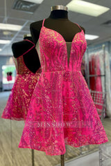 Misshow Sparkly Fuchsia A-Line Backless Short Homecoming Dress/Mini Dress