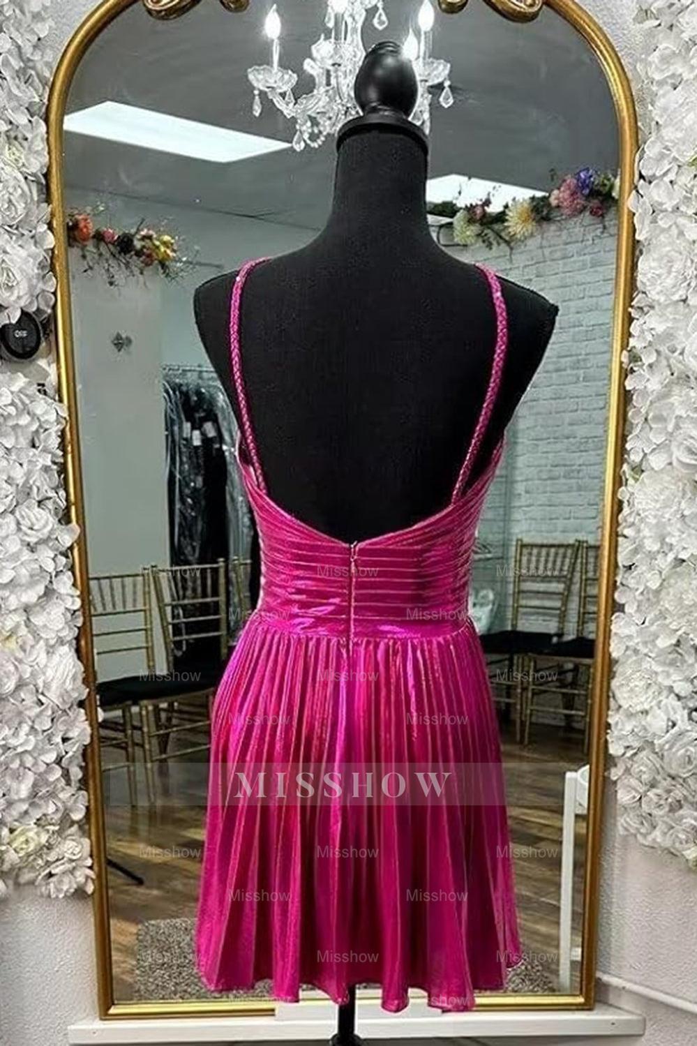 Misshow Sparkly Fuchsia A-Line Halter Pleated Short Homecoming Dress/Mini Dress