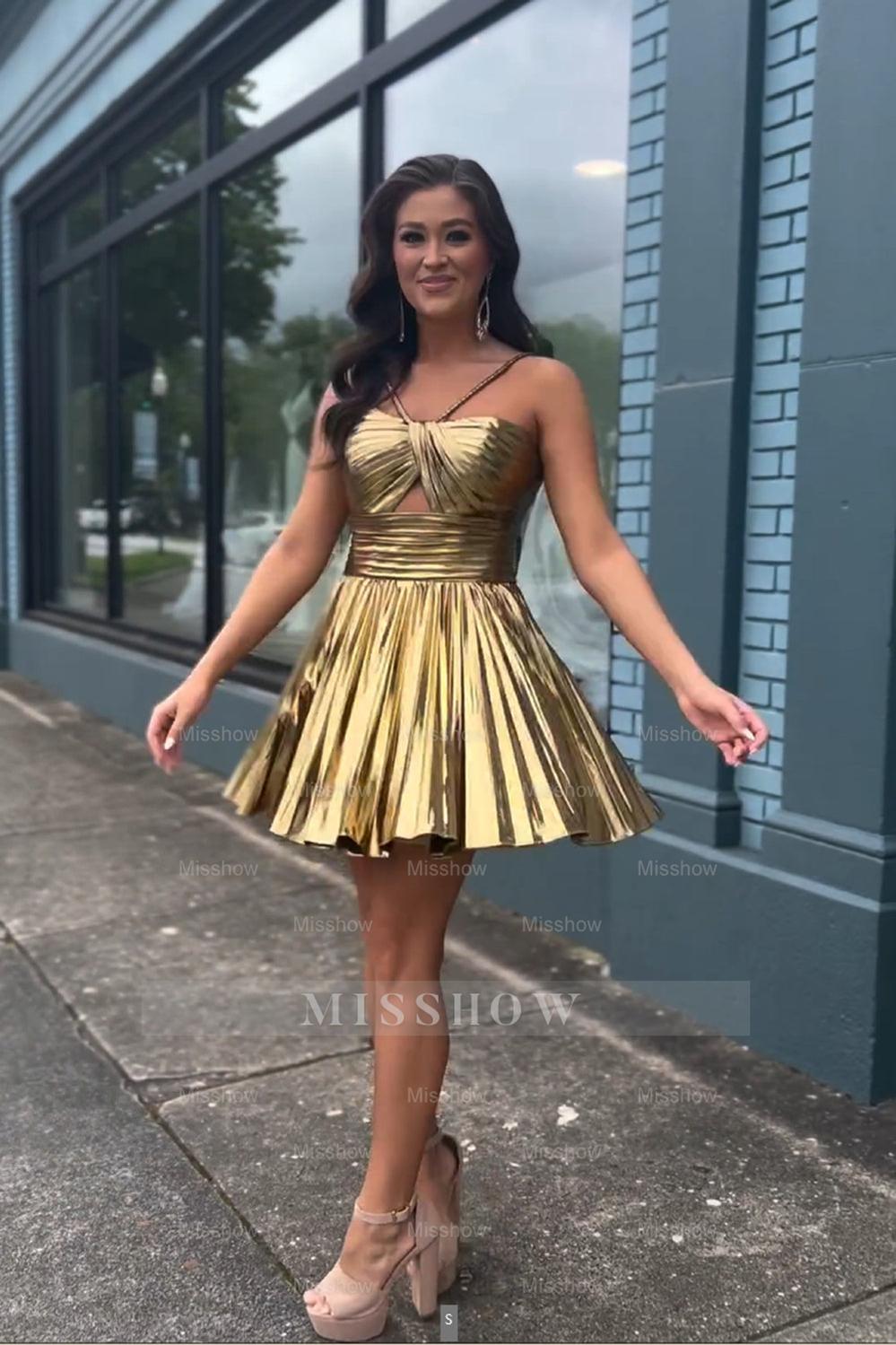 Misshow Sparkly Fuchsia A-Line Halter Pleated Short Homecoming Dress/Mini Dress