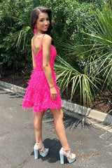 Misshow Sparkly Fuchsia A-Line Lace Short Homecoming Dress/Mini Dress with Feathers