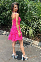 Misshow Sparkly Fuchsia A-Line Lace Short Homecoming Dress/Mini Dress with Feathers