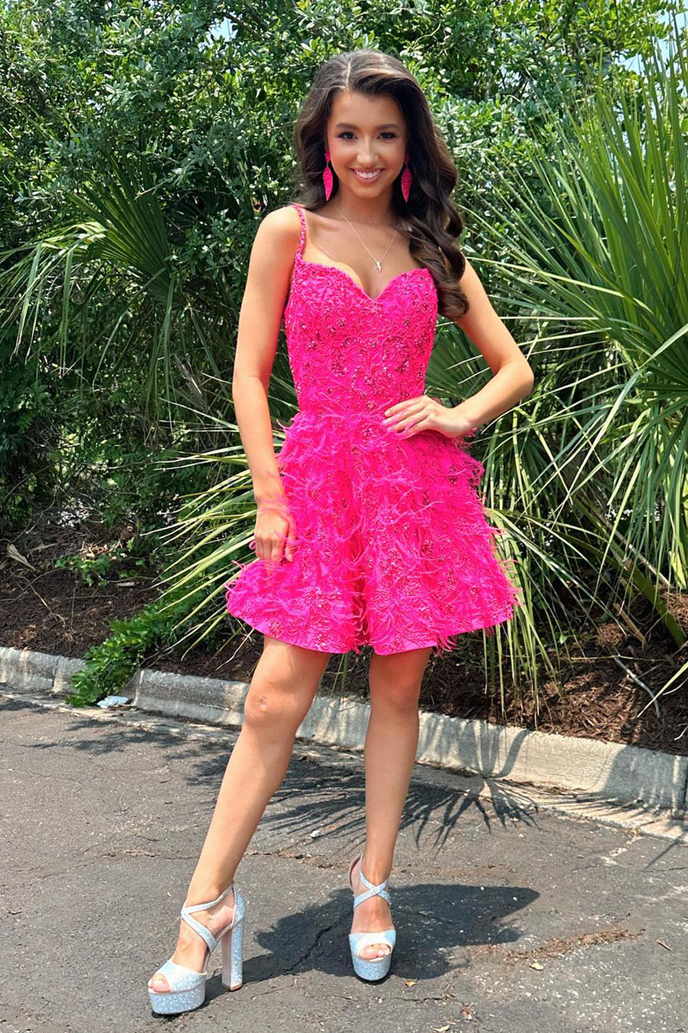 Misshow Sparkly Fuchsia A-Line Lace Short Homecoming Dress/Mini Dress with Feathers