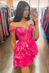 Misshow Sparkly Fuchsia A Line Tiered Lace Short Homecoming Dress/Mini Dress