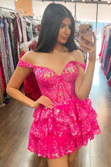 Misshow Sparkly Fuchsia A Line Tiered Lace Short Homecoming Dress/Mini Dress