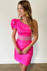 Misshow Sparkly Fuchsia Beaded One Shoulder Tight Short Homecoming Dress/Mini Dress