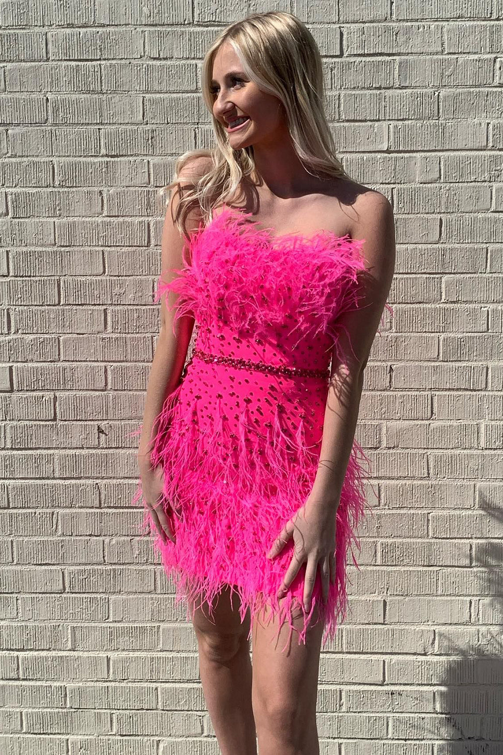 Misshow Sparkly Fuchsia Beaded Tight Short Homecoming Dress/Mini Dress with Feathers