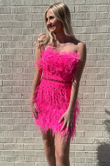 Misshow Sparkly Fuchsia Beaded Tight Short Homecoming Dress/Mini Dress with Feathers