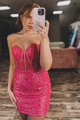 Misshow Sparkly Fuchsia Bodycon Sweetheart Sequins Corset Tight Short Homecoming Dress/Mini Dress