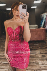 Misshow Sparkly Fuchsia Bodycon Sweetheart Sequins Corset Tight Short Homecoming Dress/Mini Dress