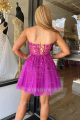 Misshow Sparkly Fuchsia Corset A-Line Tulle Short Homecoming Dress/Mini Dress with Lace