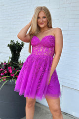 Misshow Sparkly Fuchsia Corset A-Line Tulle Short Homecoming Dress/Mini Dress with Lace