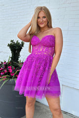 Misshow Sparkly Fuchsia Corset A-Line Tulle Short Homecoming Dress/Mini Dress with Lace