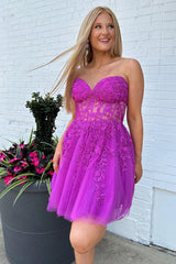Misshow Sparkly Fuchsia Corset A-Line Tulle Short Homecoming Dress/Mini Dress with Lace