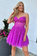 Misshow Sparkly Fuchsia Corset A-Line Tulle Short Homecoming Dress/Mini Dress with Lace