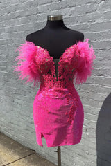 Misshow Sparkly Fuchsia Corset Sequins Tight Short Homecoming with Feathers