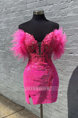 Misshow Sparkly Fuchsia Corset Sequins Tight Short Homecoming with Feathers