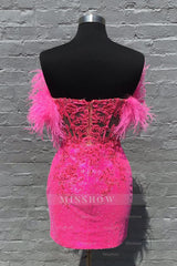 Misshow Sparkly Fuchsia Corset Sequins Tight Short Homecoming with Feathers