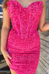 Misshow Sparkly Fuchsia Corset Sweetheart Sequins Tight Short Homecoming Dress/Mini Dress