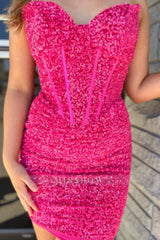 Misshow Sparkly Fuchsia Corset Sweetheart Sequins Tight Short Homecoming Dress/Mini Dress