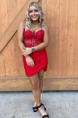 Misshow Sparkly Fuchsia Corset Tight Sequins Short Homecoming Dress/Mini Dress with Lace