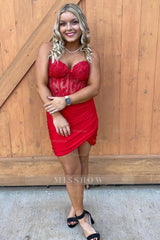 Misshow Sparkly Fuchsia Corset Tight Sequins Short Homecoming Dress/Mini Dress with Lace