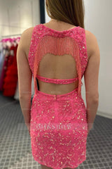 Misshow Sparkly Fuchsia Fringed Open Back Tight Short Homecoming Dress/Mini Dress