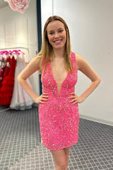 Misshow Sparkly Fuchsia Fringed Open Back Tight Short Homecoming Dress/Mini Dress