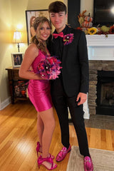 Misshow Sparkly Fuchsia Halter Tight Short Homecoming Dress/Mini Dress with Beadings