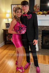 Misshow Sparkly Fuchsia Halter Tight Short Homecoming Dress/Mini Dress with Beadings