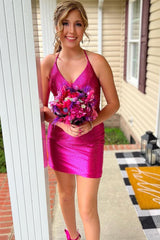 Misshow Sparkly Fuchsia Halter Tight Short Homecoming Dress/Mini Dress with Beadings