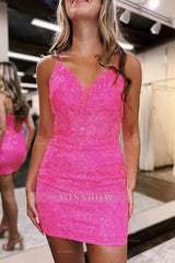 Misshow Sparkly Fuchsia Lace Sequins Tight Short Homecoming Dress/Mini Dress with Feathers