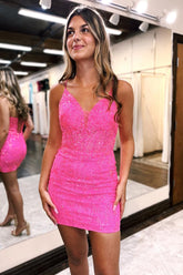 Misshow Sparkly Fuchsia Lace Sequins Tight Short Homecoming Dress/Mini Dress with Feathers