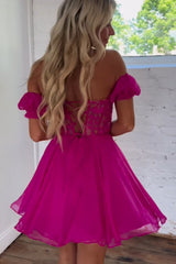 Misshow Sparkly Fuchsia Lace-Up Back A-Line Short Homecoming Dress/Mini Dress with Lace
