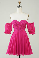 Misshow Sparkly Fuchsia Lace-Up Back A-Line Short Homecoming Dress/Mini Dress with Lace