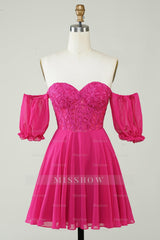 Misshow Sparkly Fuchsia Lace-Up Back A-Line Short Homecoming Dress/Mini Dress with Lace