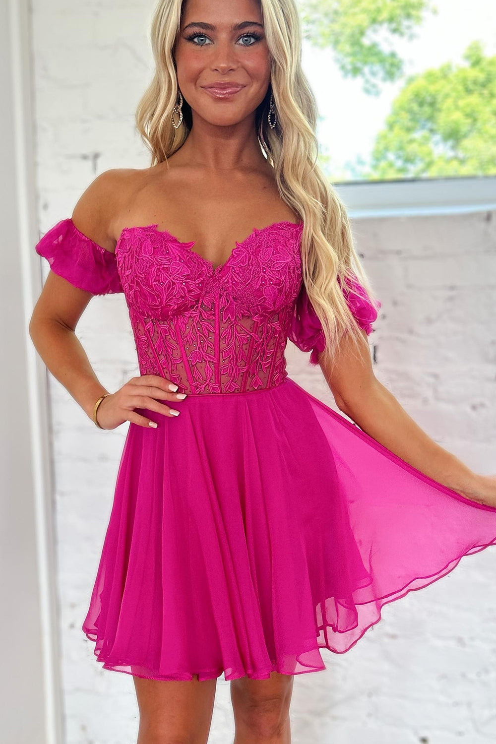 Misshow Sparkly Fuchsia Lace-Up Back A-Line Short Homecoming Dress/Mini Dress with Lace