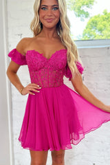 Misshow Sparkly Fuchsia Lace-Up Back A-Line Short Homecoming Dress/Mini Dress with Lace