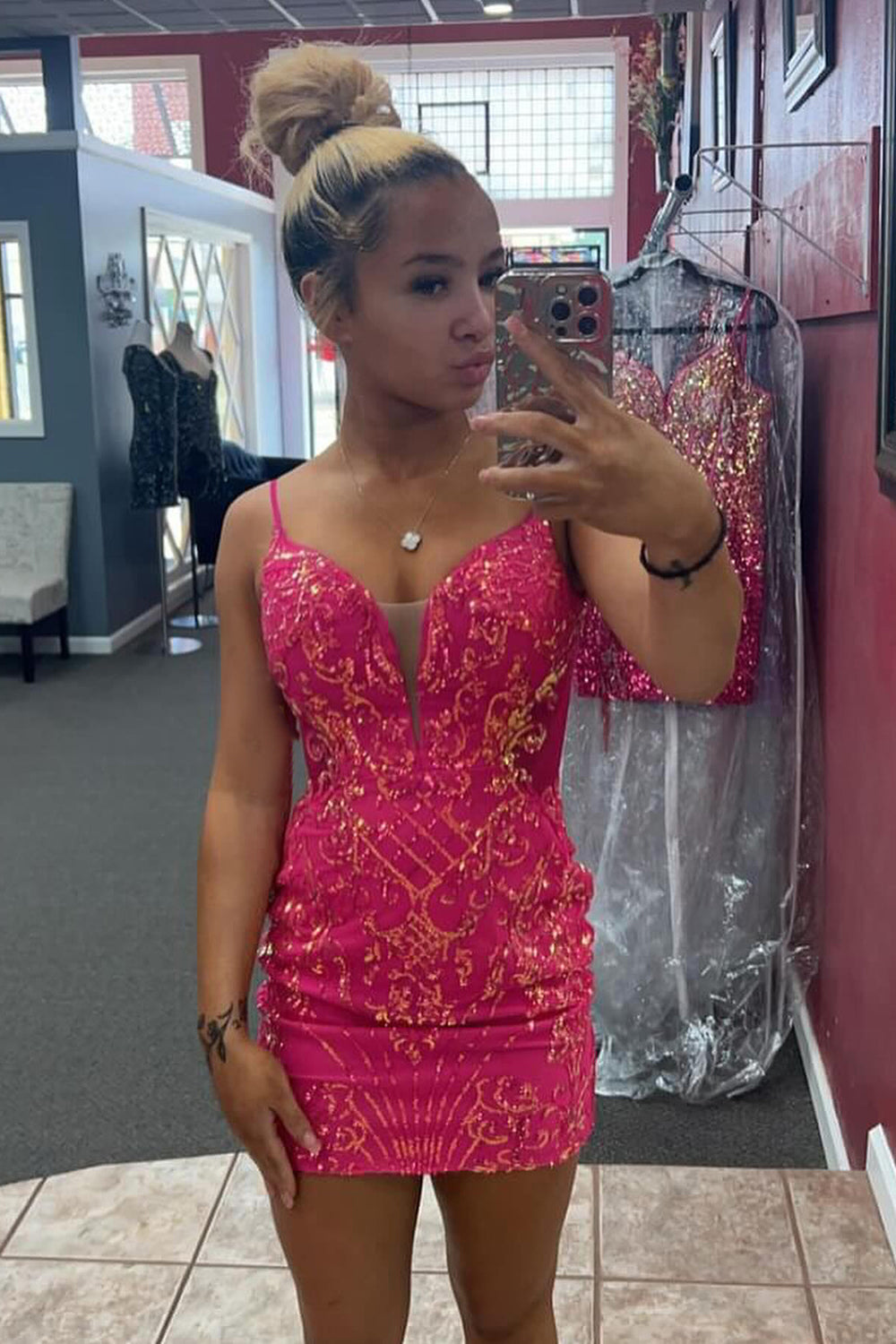 Misshow Sparkly Fuchsia Lace Up Back Tight Short Homecoming Dress/Mini Dress with Sequins