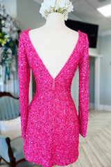 Misshow Sparkly Fuchsia Long Sleeves Sequin Tight Short Homecoming Dress/Mini Dress