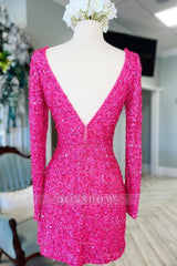 Misshow Sparkly Fuchsia Long Sleeves Sequin Tight Short Homecoming Dress/Mini Dress